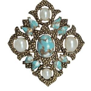 Vintage Sarah Coventry Brooch Pendant Remembrance Turquoise Pearl Cabochon